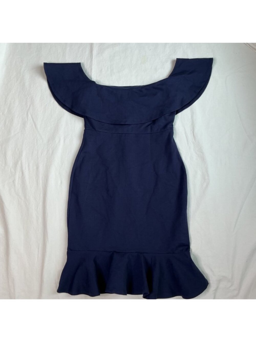NWT Lulus Navy Blue Ruffle Hem Off-Shoulder Knee Length Cocktail Dress Womens M - Picture 2 of 10